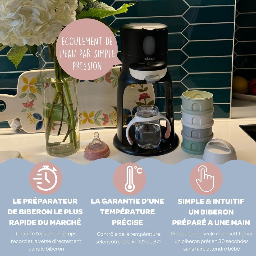 BĂABA, PrĂ©parateur-Chauffe Biberon/Petits pots, Distributeur d'eau Ă TempĂ©rature Exacte, InstantanĂ©, Rapide, Fonction Bain Marie, 2 TempĂ©ratures, Chauffe biberon Amovible, Bib'Expresso, Black