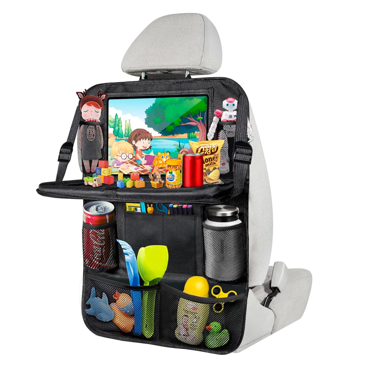 BillyBath Organisateur Voiture Enfant, 1PCS Rangement Auto Accessoire Interieur, Support pour Tablette Transparent 10 poches, Noir