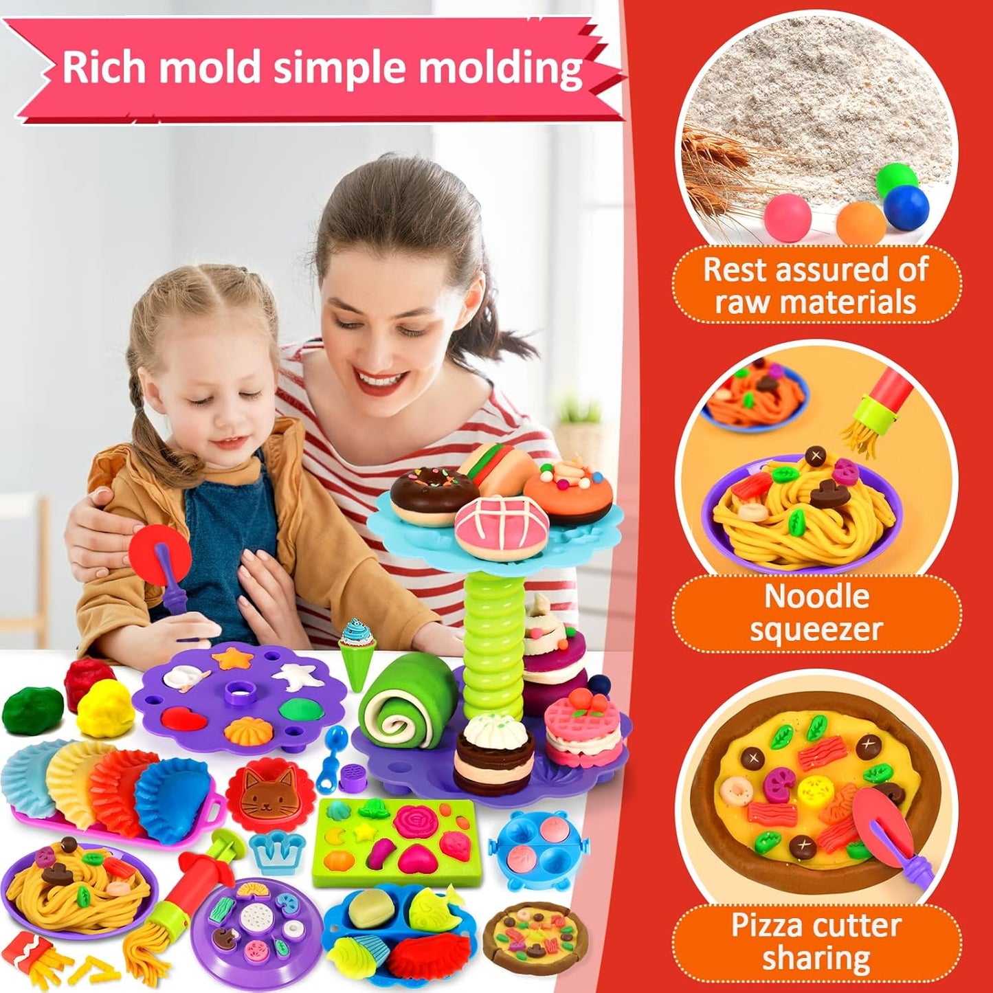 Frasheng Pate a Modeler, 76 Pièces Pâte À Modeler pour Enfants, Accessoires en Pâte à Modeler pour Créer des Hamburgers et des pizza, Pâtes, Outils de Pâte À Modeler, avec 12 Pots de Pate a Modeler