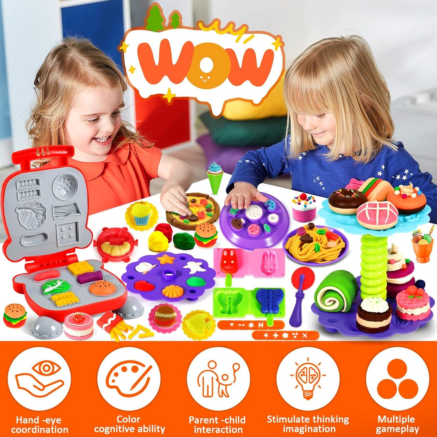 Frasheng Pate a Modeler, 76 Pièces Pâte À Modeler pour Enfants, Accessoires en Pâte à Modeler pour Créer des Hamburgers et des pizza, Pâtes, Outils de Pâte À Modeler, avec 12 Pots de Pate a Modeler
