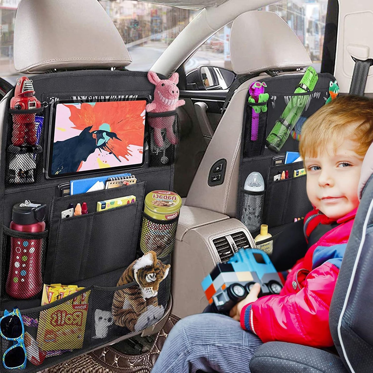 BillyBath Organisateur Voiture Enfant, 1PCS Rangement Auto Accessoire Interieur, Support pour Tablette Transparent 10 poches, Noir