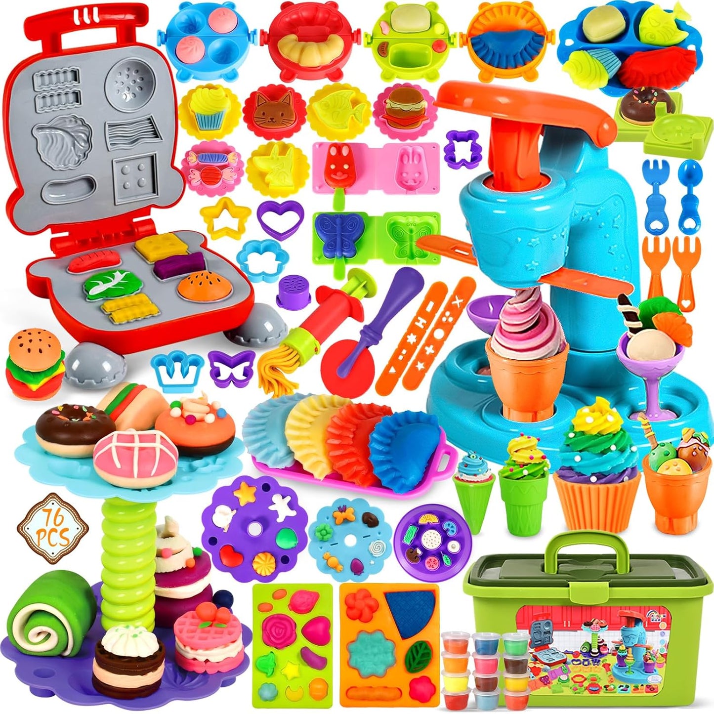 Frasheng Pate a Modeler, 76 Pièces Pâte À Modeler pour Enfants, Accessoires en Pâte à Modeler pour Créer des Hamburgers et des pizza, Pâtes, Outils de Pâte À Modeler, avec 12 Pots de Pate a Modeler