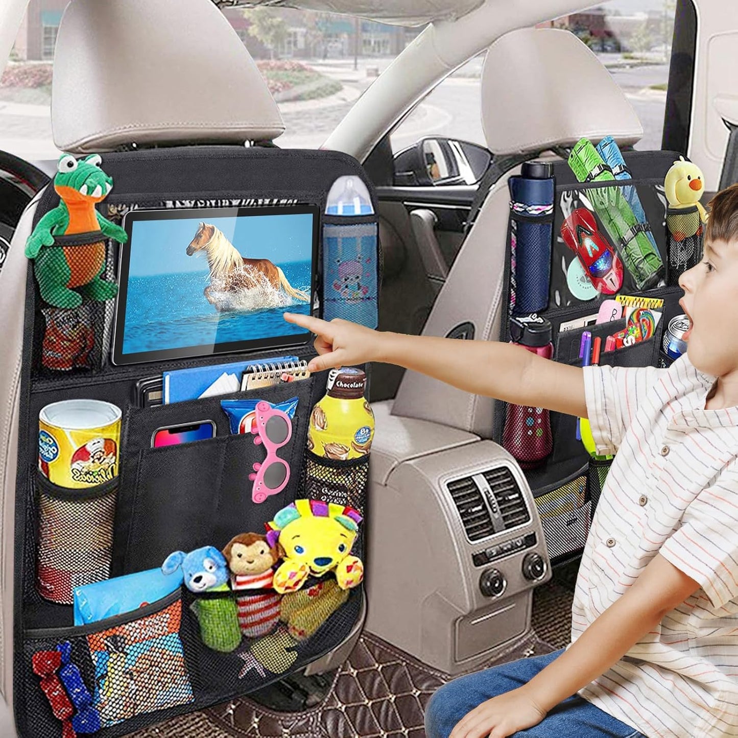 BillyBath Organisateur Voiture Enfant, 1PCS Rangement Auto Accessoire Interieur, Support pour Tablette Transparent 10 poches, Noir