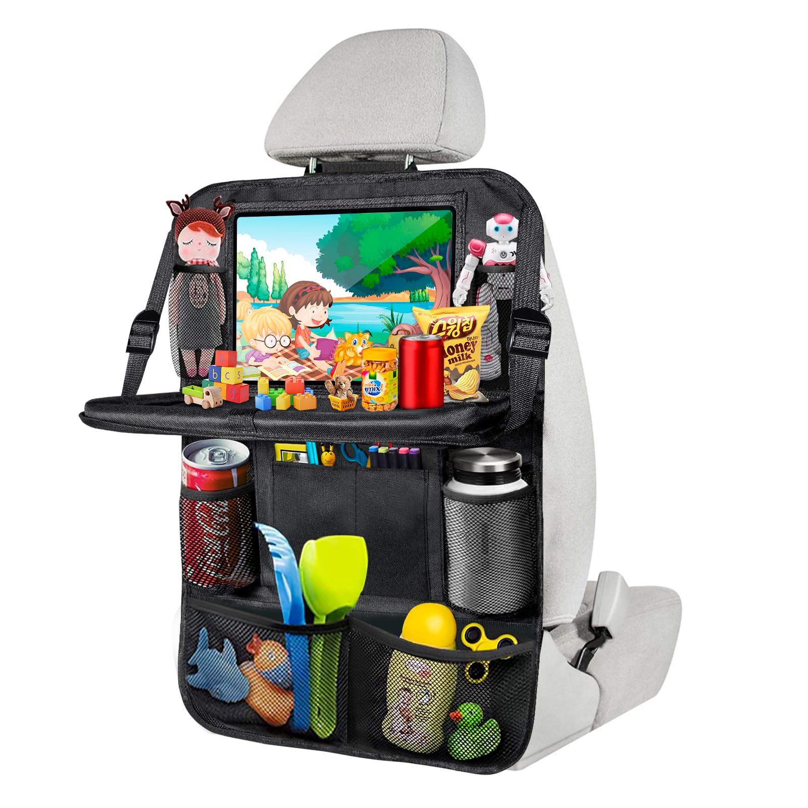 BillyBath Organisateur Voiture Enfant, 1PCS Rangement Auto Accessoire Interieur, Support pour Tablette Transparent 10 poches, Noir