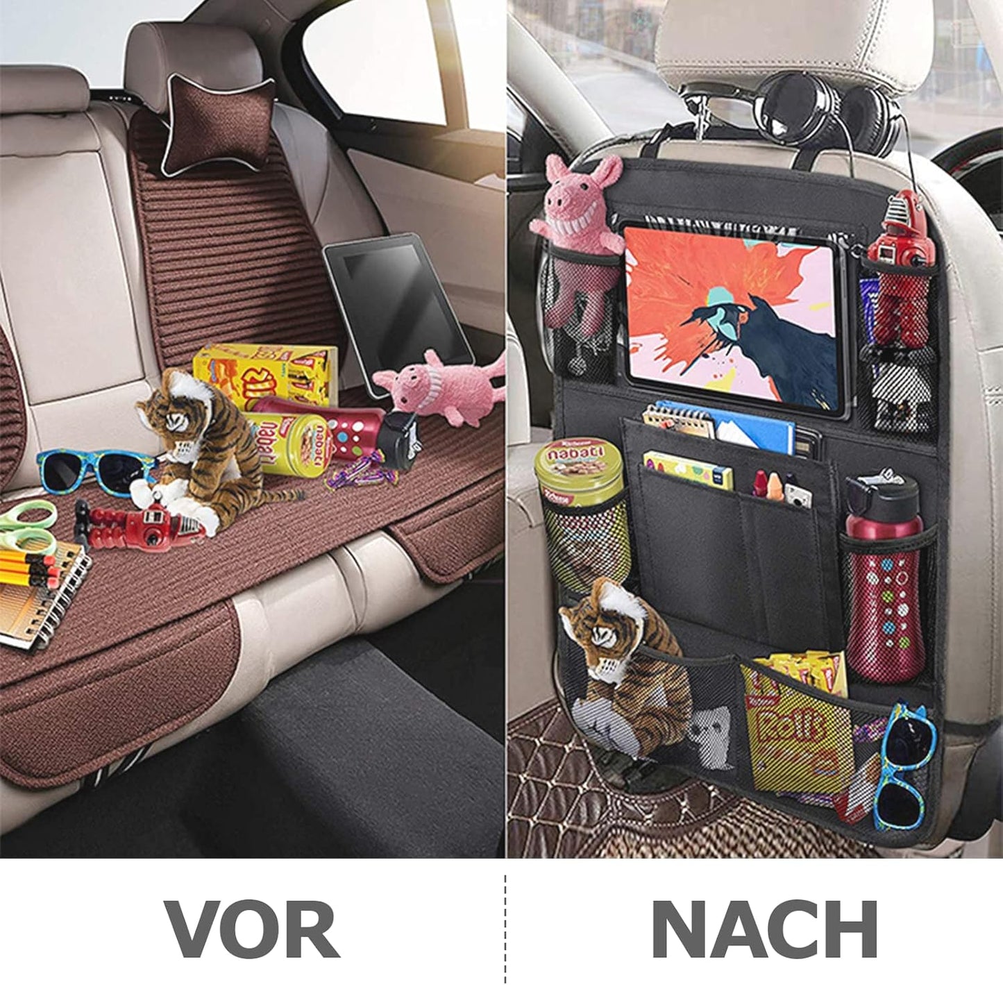 BillyBath Organisateur Voiture Enfant, 1PCS Rangement Auto Accessoire Interieur, Support pour Tablette Transparent 10 poches, Noir