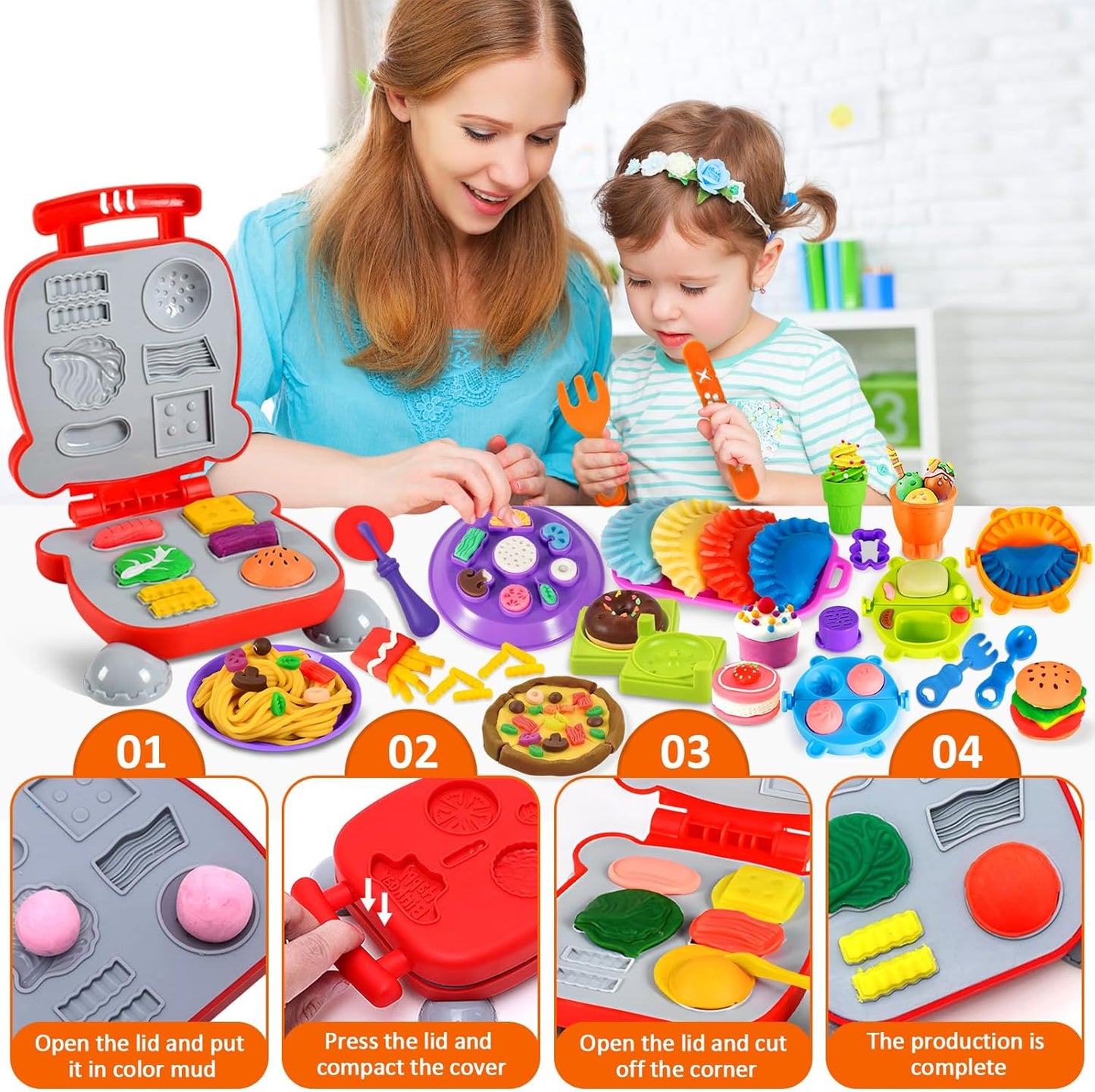 Frasheng Pate a Modeler, 76 Pièces Pâte À Modeler pour Enfants, Accessoires en Pâte à Modeler pour Créer des Hamburgers et des pizza, Pâtes, Outils de Pâte À Modeler, avec 12 Pots de Pate a Modeler