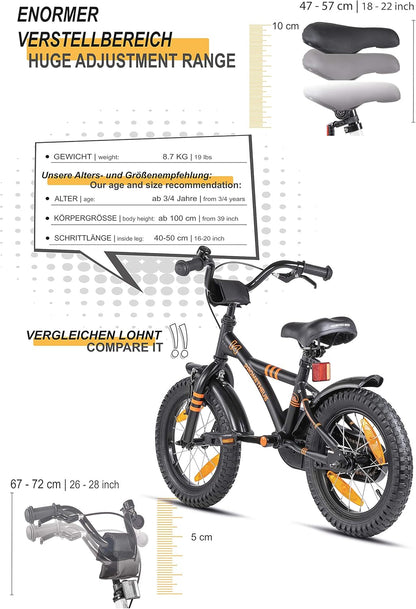 PROMETHEUS BICYCLES Velo Enfant 4 Ans Garcon vélo Fille 14 Pouces a Roulette pour 3 a 5 Ans - BMX en Noir Mat Orange