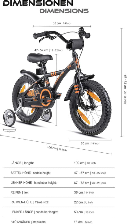 PROMETHEUS BICYCLES Velo Enfant 4 Ans Garcon vélo Fille 14 Pouces a Roulette pour 3 a 5 Ans - BMX en Noir Mat Orange